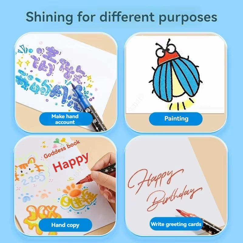 Double Tips Glitter Markers Pens Set, Bling Bling Marker Pen Quick Drying for Handbook, Diy Drawing,Coloring,And Poster Marker