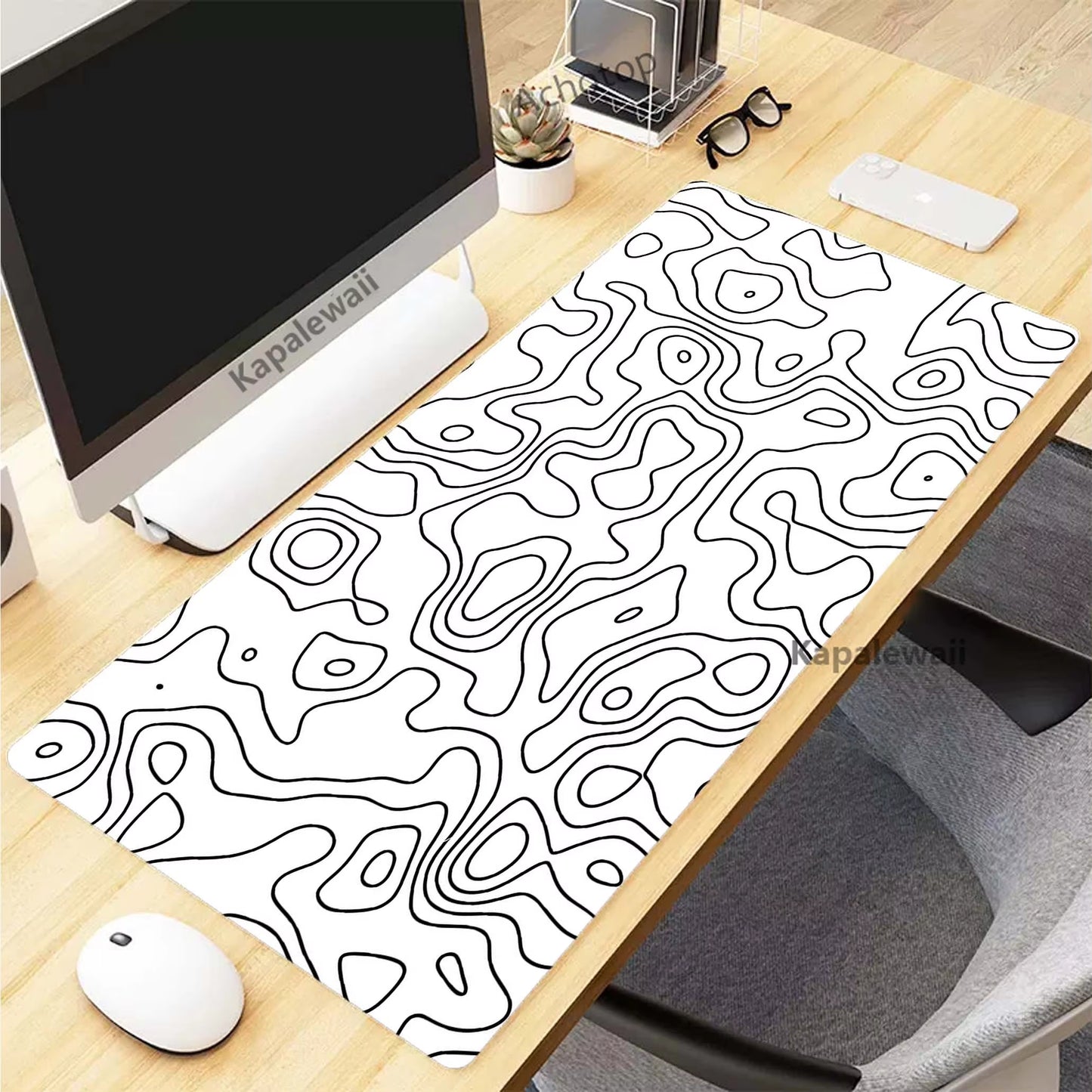 XXL Black and White Topographic Map Art Mouse Pad - Perfect for Gaming Setup & Office Use (900x400mm)