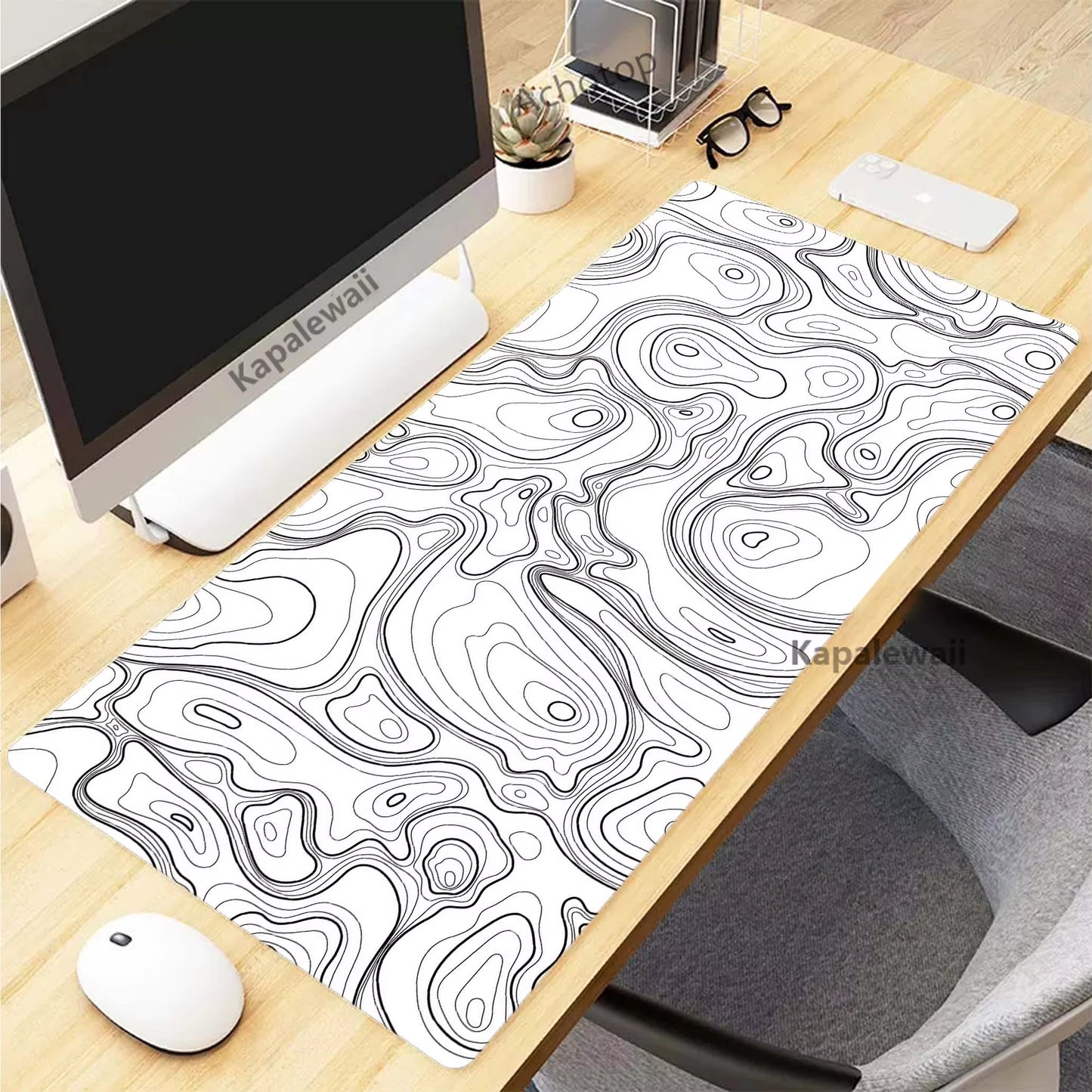 XXL Black and White Topographic Map Art Mouse Pad - Perfect for Gaming Setup & Office Use (900x400mm)