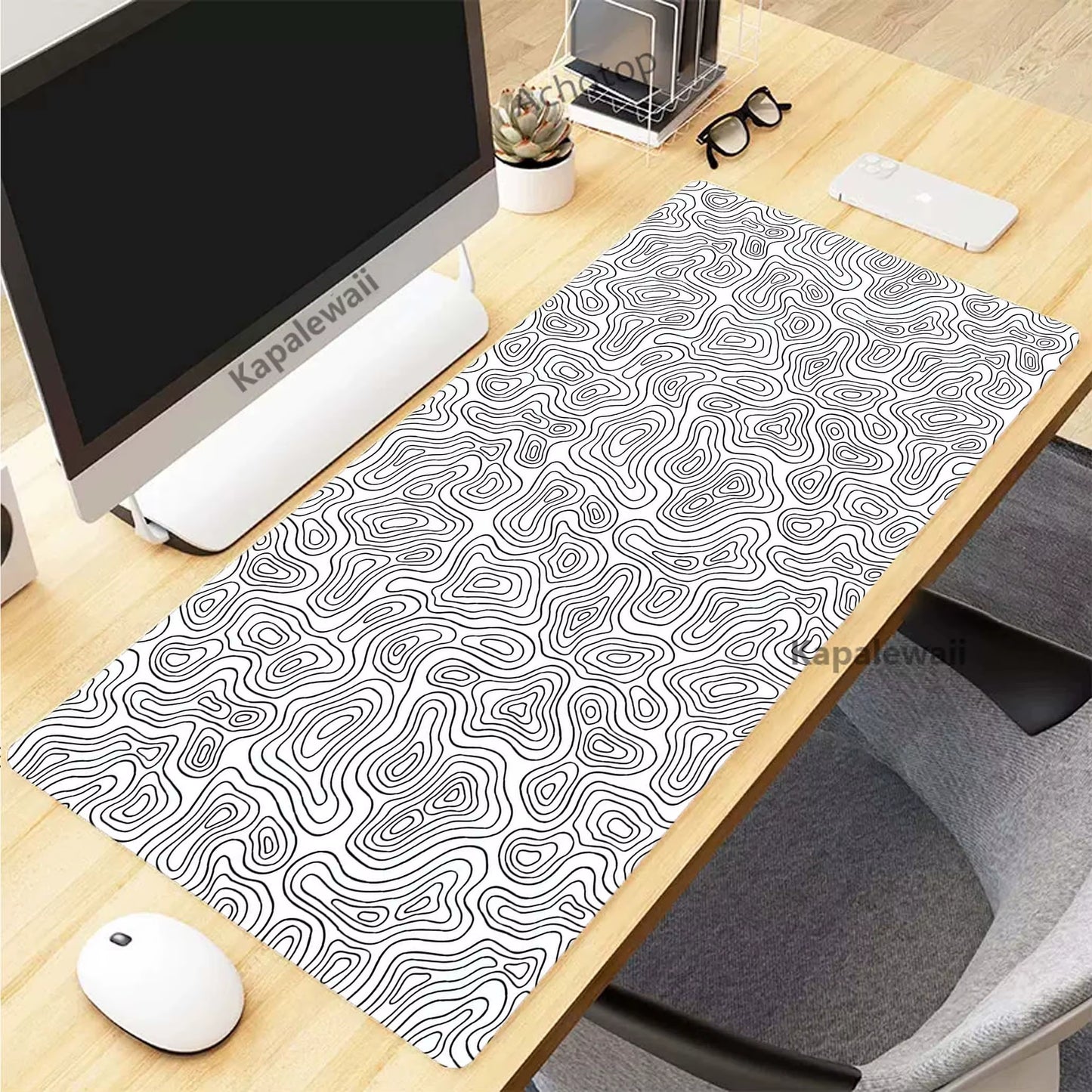 XXL Black and White Topographic Map Art Mouse Pad - Perfect for Gaming Setup & Office Use (900x400mm)