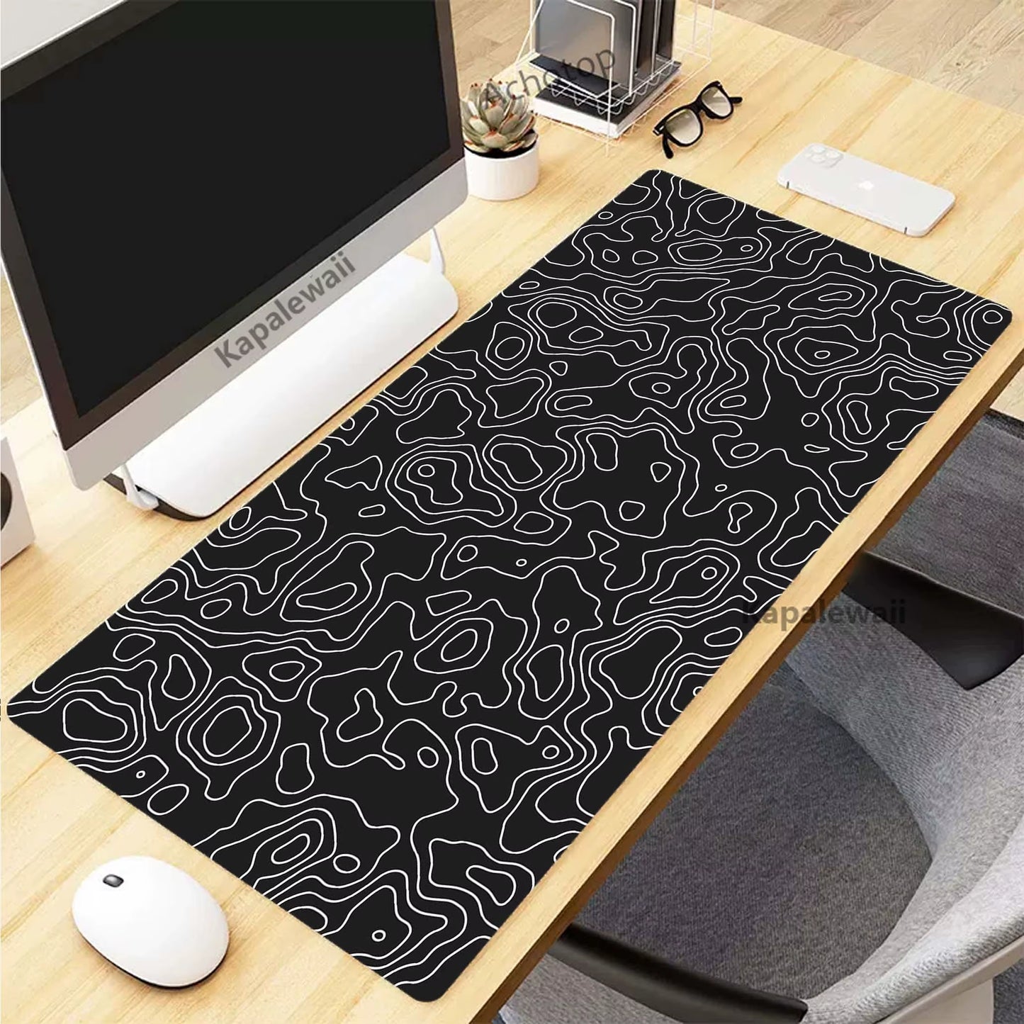 XXL Black and White Topographic Map Art Mouse Pad - Perfect for Gaming Setup & Office Use (900x400mm)