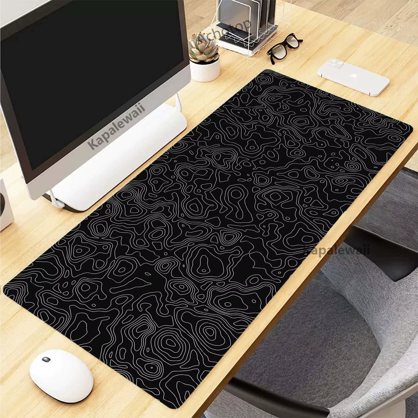 XXL Black and White Topographic Map Art Mouse Pad - Perfect for Gaming Setup & Office Use (900x400mm)
