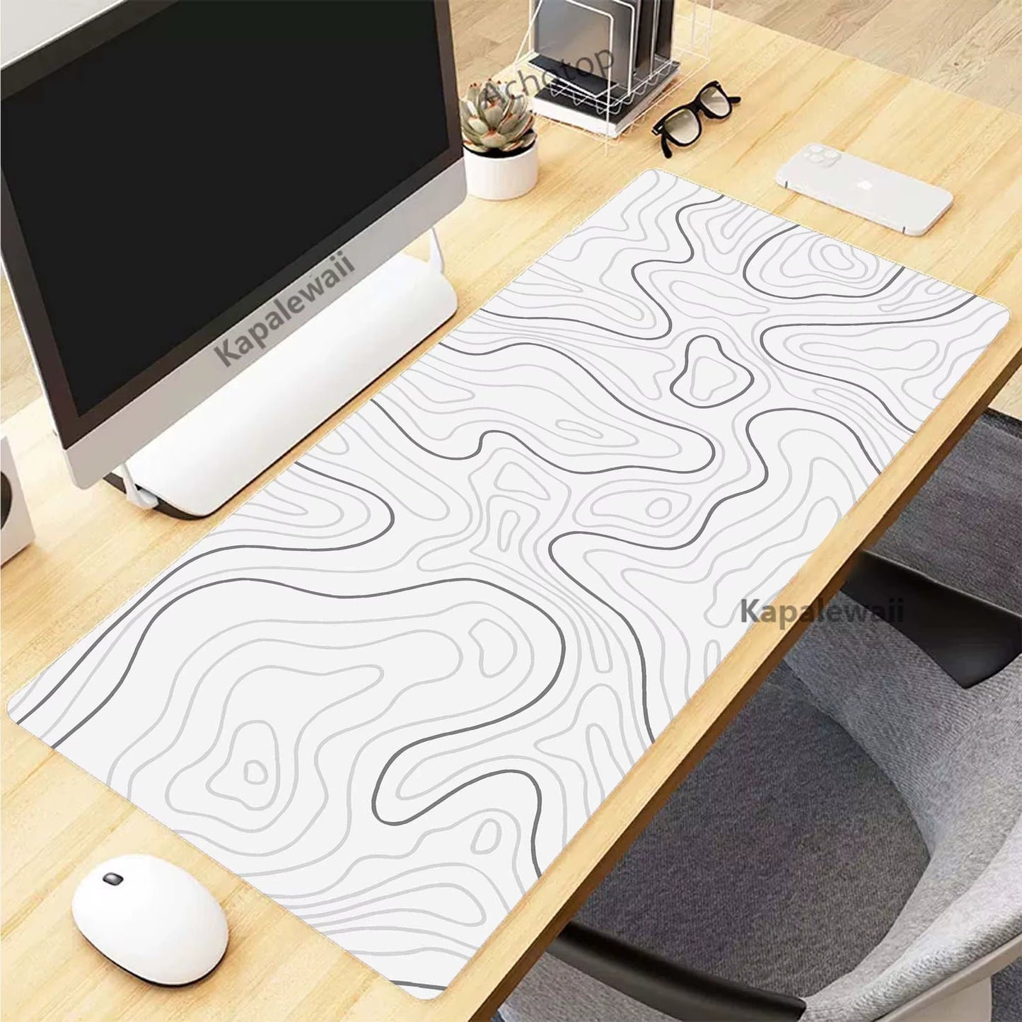 XXL Black and White Topographic Map Art Mouse Pad - Perfect for Gaming Setup & Office Use (900x400mm)