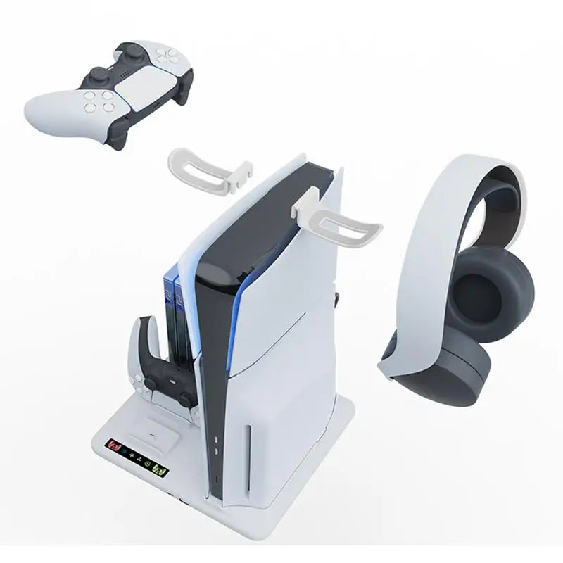 PS5 Slim Vertical Stand with Controller Charging Dock and Cooling Fan - Essential Accessory for PlayStation 5 Console