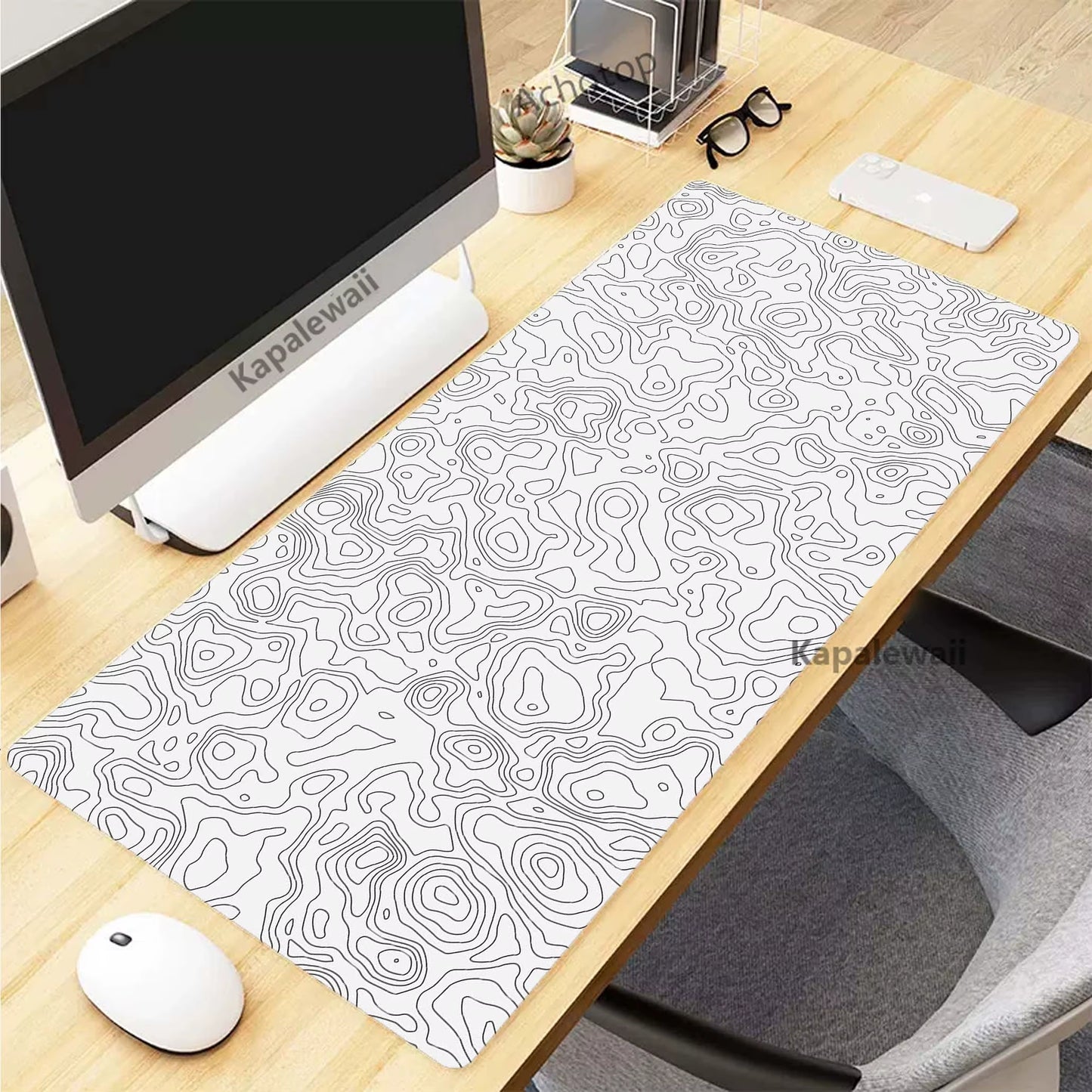 XXL Black and White Topographic Map Art Mouse Pad - Perfect for Gaming Setup & Office Use (900x400mm)