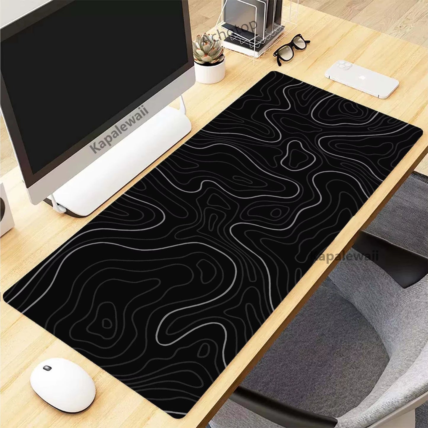 XXL Black and White Topographic Map Art Mouse Pad - Perfect for Gaming Setup & Office Use (900x400mm)