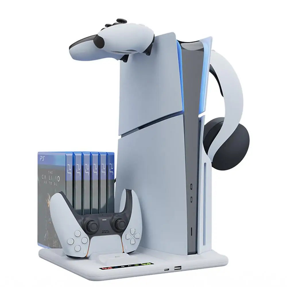 PS5 Slim Vertical Stand with Controller Charging Dock and Cooling Fan - Essential Accessory for PlayStation 5 Console