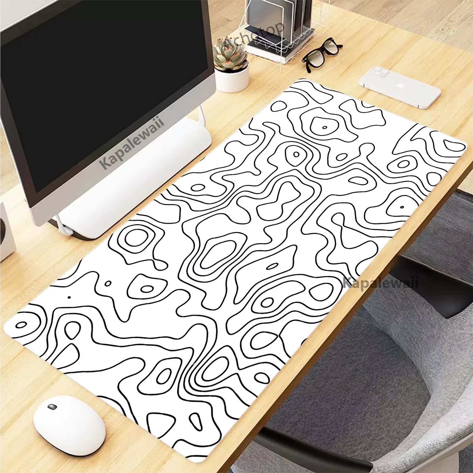 XXL Black and White Topographic Map Art Mouse Pad - Perfect for Gaming Setup & Office Use (900x400mm)