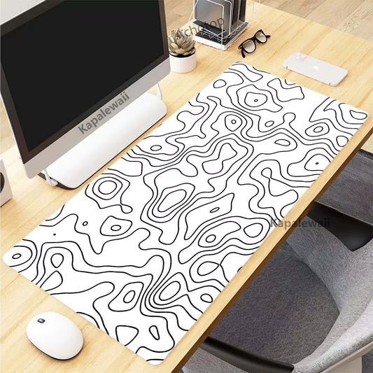 XXL Black and White Topographic Map Art Mouse Pad - Perfect for Gaming Setup & Office Use (900x400mm)