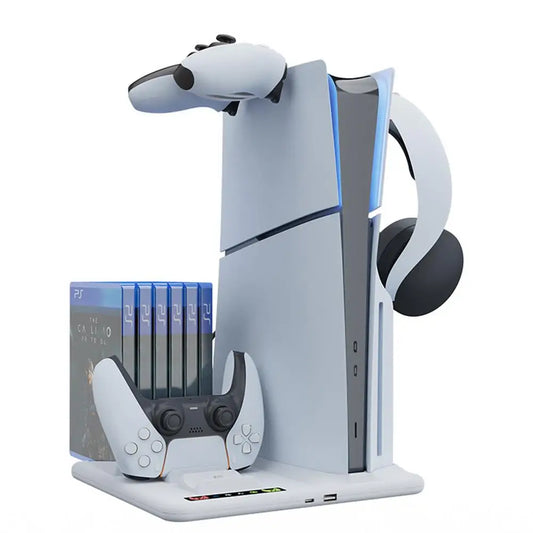 PS5 Slim Vertical Stand with Controller Charging Dock and Cooling Fan - Essential Accessory for PlayStation 5 Console